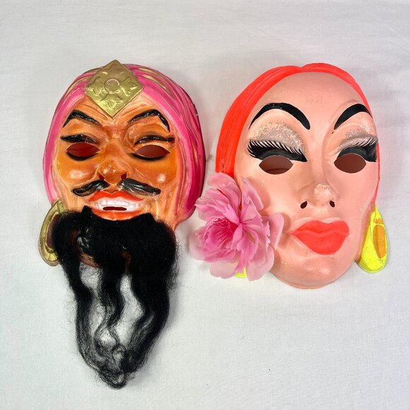 2 Vintage Plastic Halloween Masks Pirate Carmen Beard Adventure - Picture 1 of 7